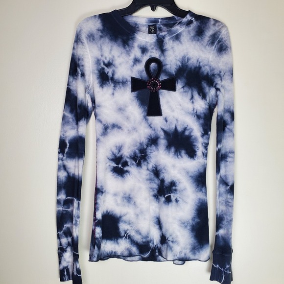 Lucky Brand Tops - Y2K 90's Lucky Brand Tie Dye Waffle Knit Thermal Rhinestone Velvet Cross Medium